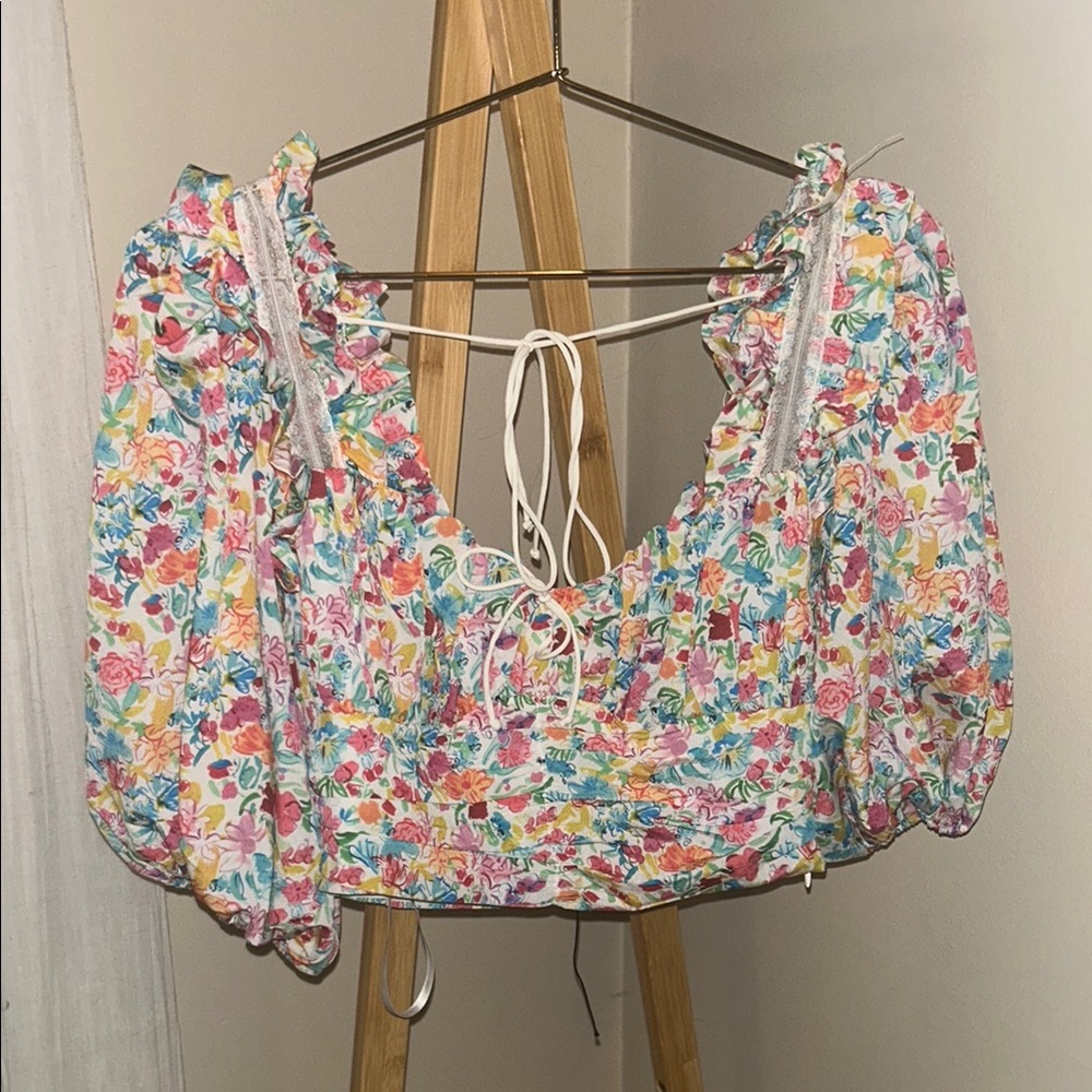 For Love And Lemons Pink and Blue Puff Sleeve Crop Blouse